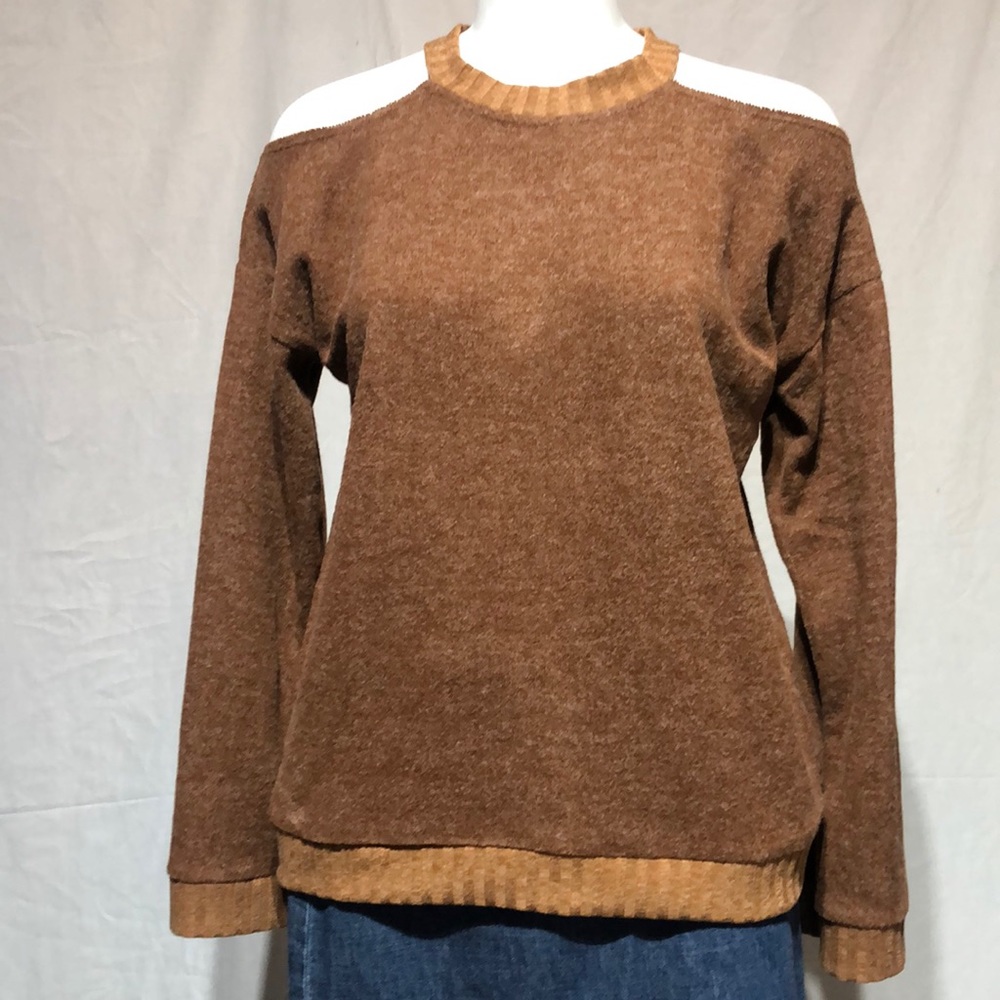 Buckle brand Cold shoulder brown super soft polyester rayon spandex sweater